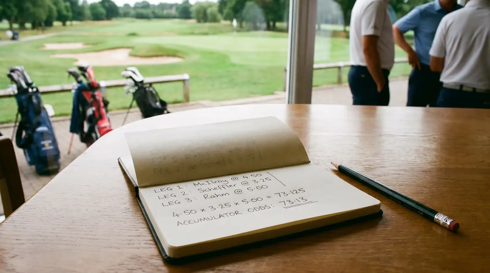 Notepad showing golf accumulator odds calculation with three legs multiplied together