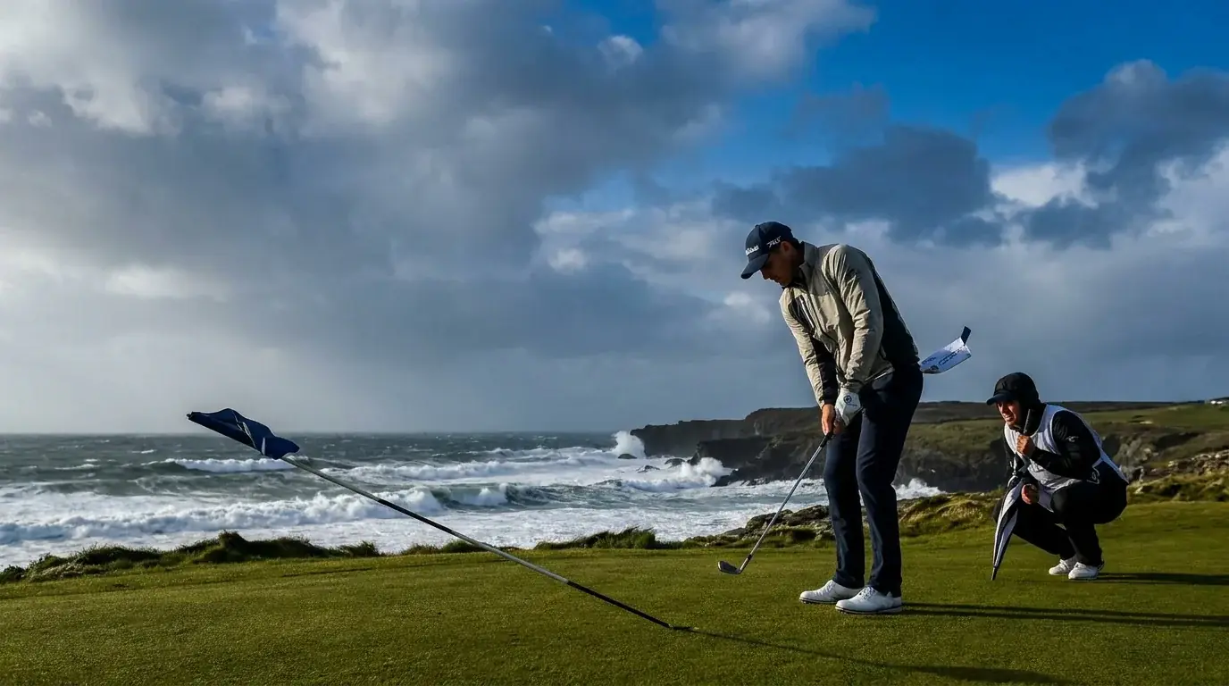 Golfer battling strong afternoon wind on an exposed coastal hole