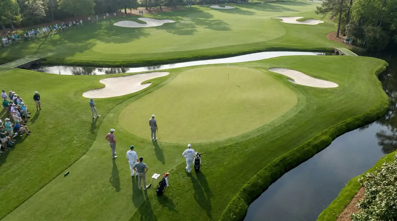 Aerial view of Amen Corner at Augusta showing the 12th green surrounded by water and bunkers