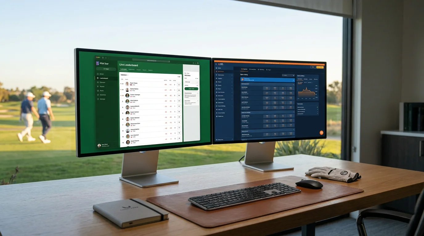 Dual-screen setup with live scoring on one screen and betting app on the other
