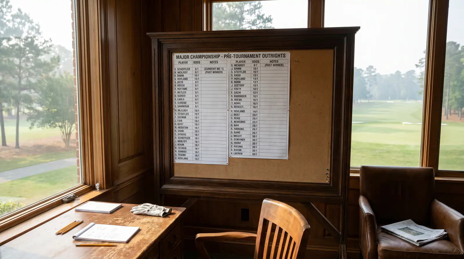 Golf betting odds board showing pre-tournament outright prices for a major championship