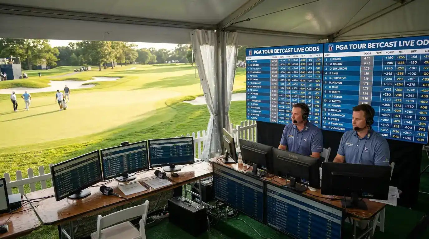 PGA Tour Betcast broadcast setup with commentators and real-time odds screens