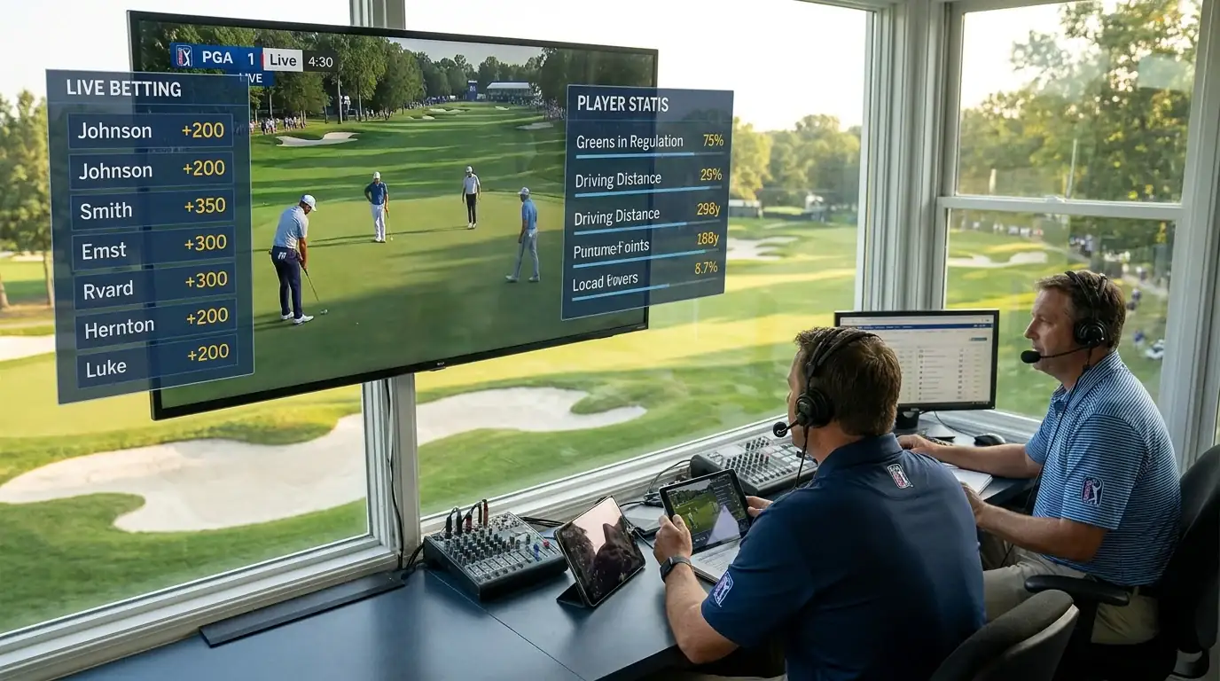 Betcast broadcast showing odds overlays and player statistics during live PGA Tour coverage