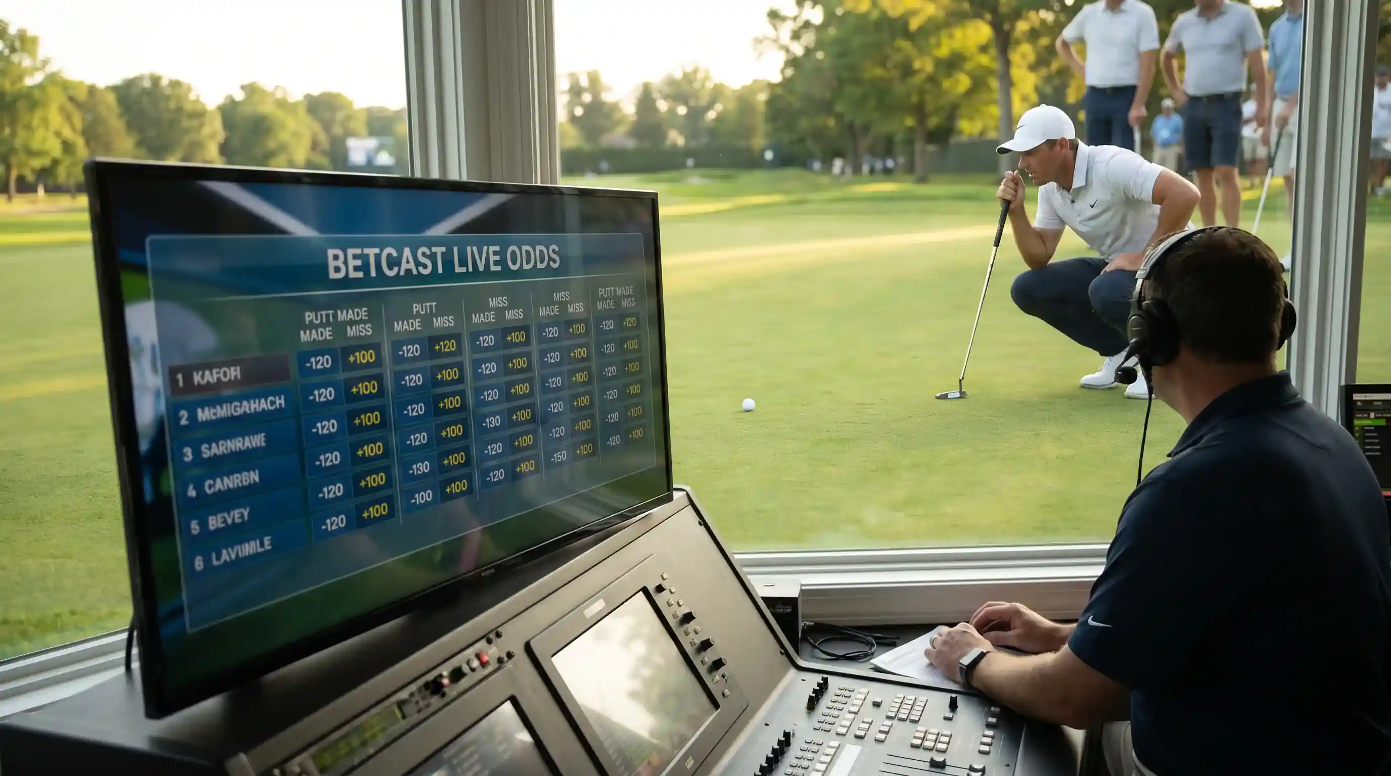 Betcast screen showing odds overlay as a golfer lines up a critical putt