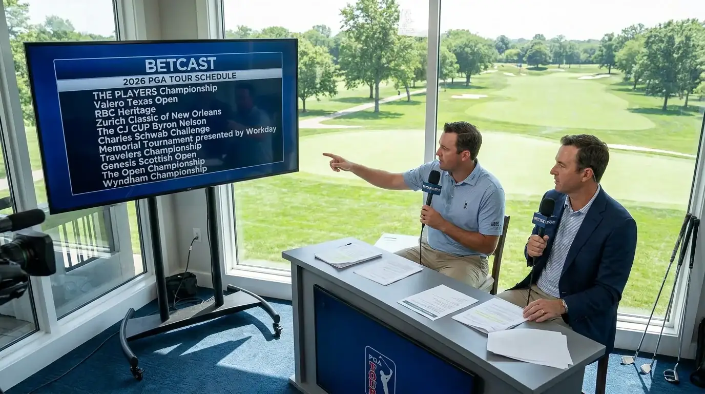 List of PGA Tour tournaments covered by Betcast in 2026 displayed on a broadcast graphic