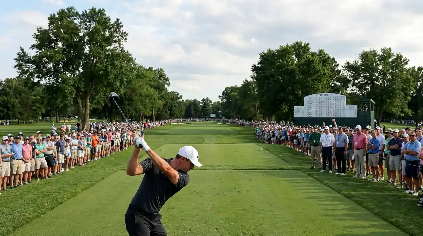 Professional golfer teeing off on a par-5 hole with spectators lining the fairway