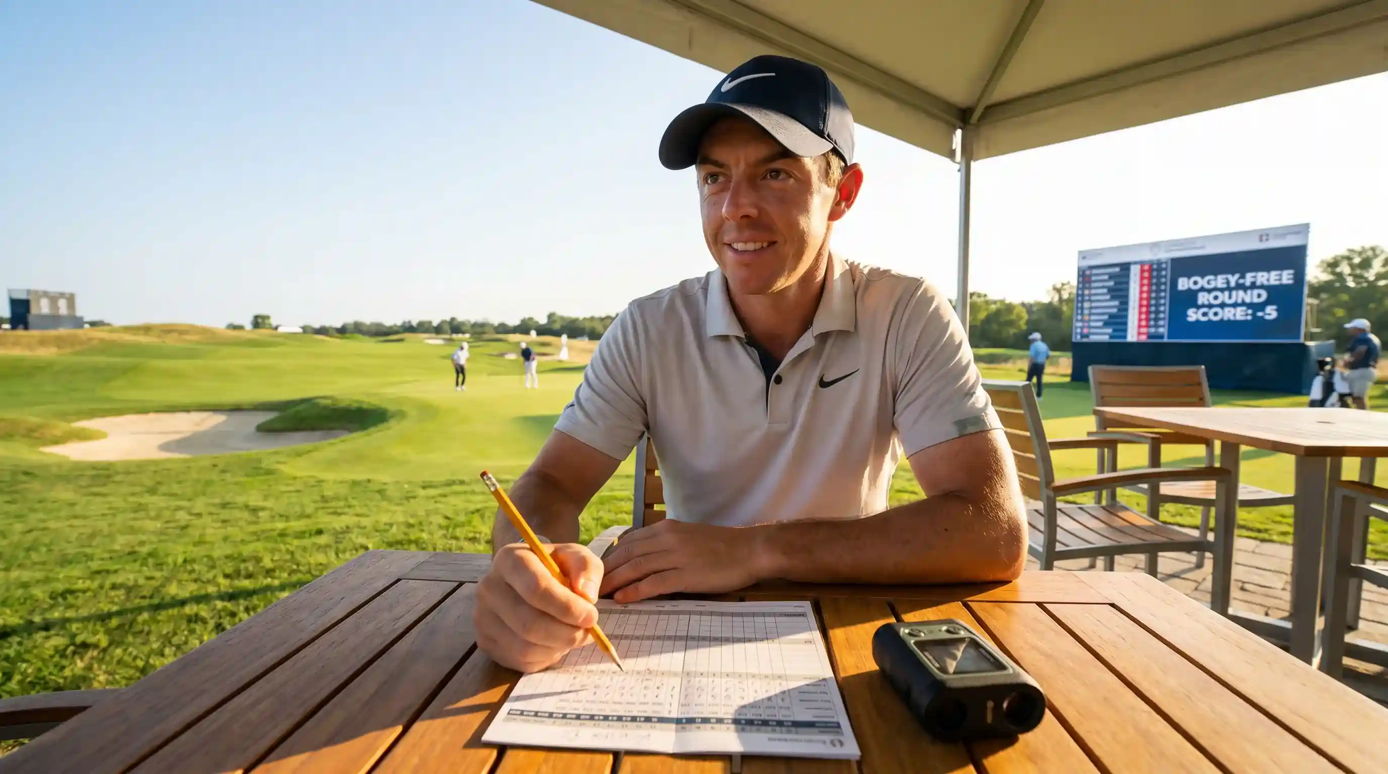 Golfer maintaining a clean card during a bogey-free round with scoring displayed