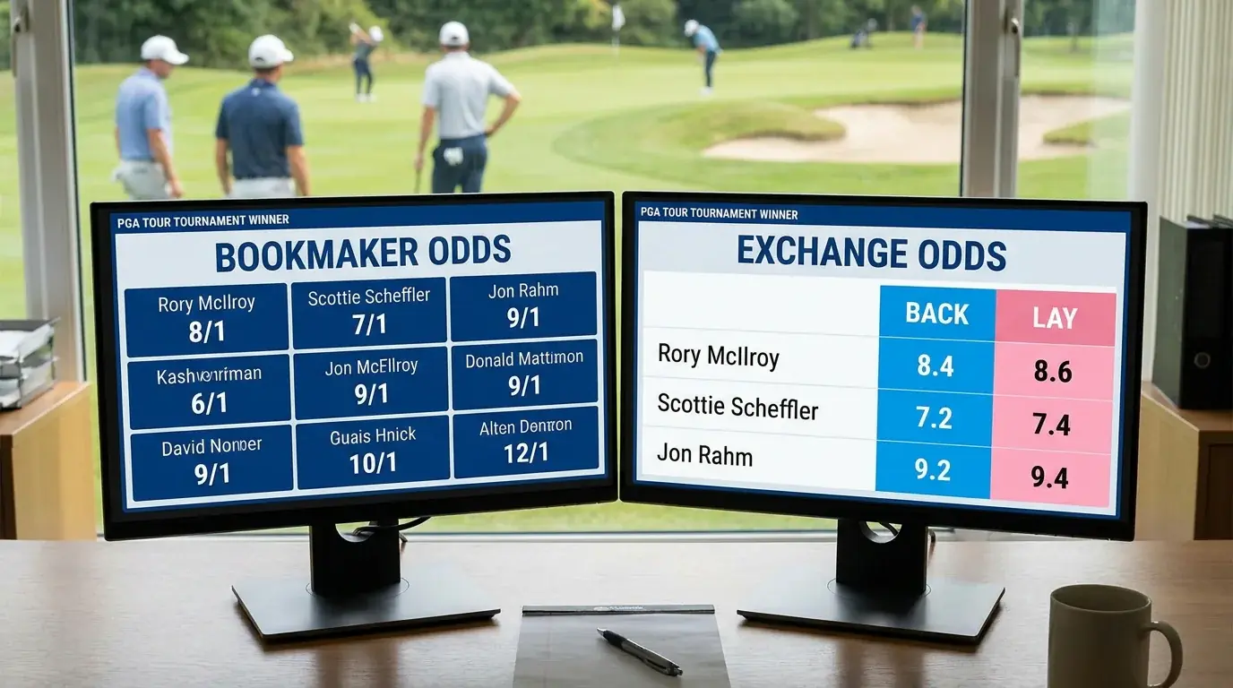 Split screen comparing bookmaker odds with exchange odds for the same golf selection