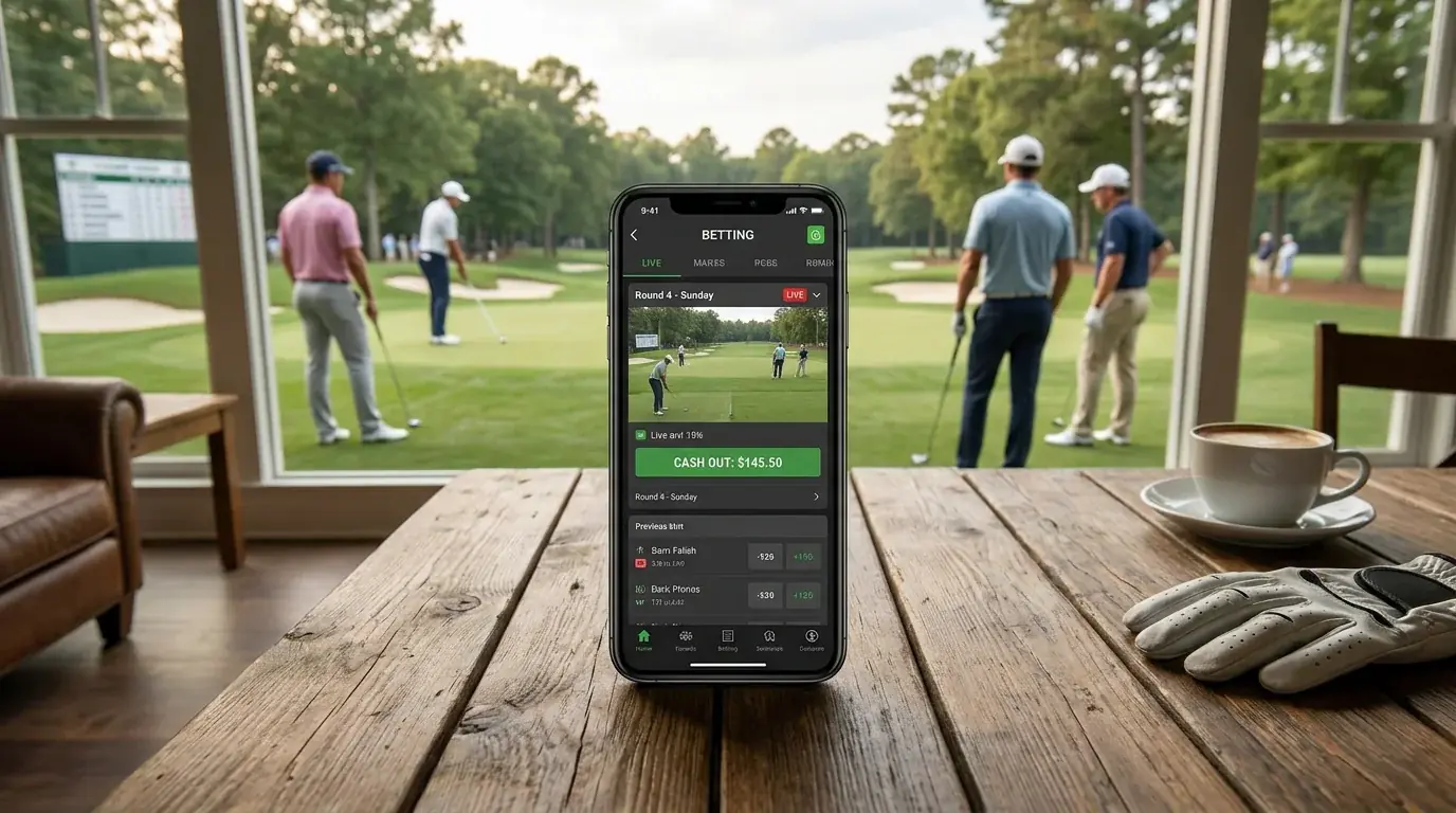 Smartphone showing a cash-out option on an active golf bet during a live Sunday round