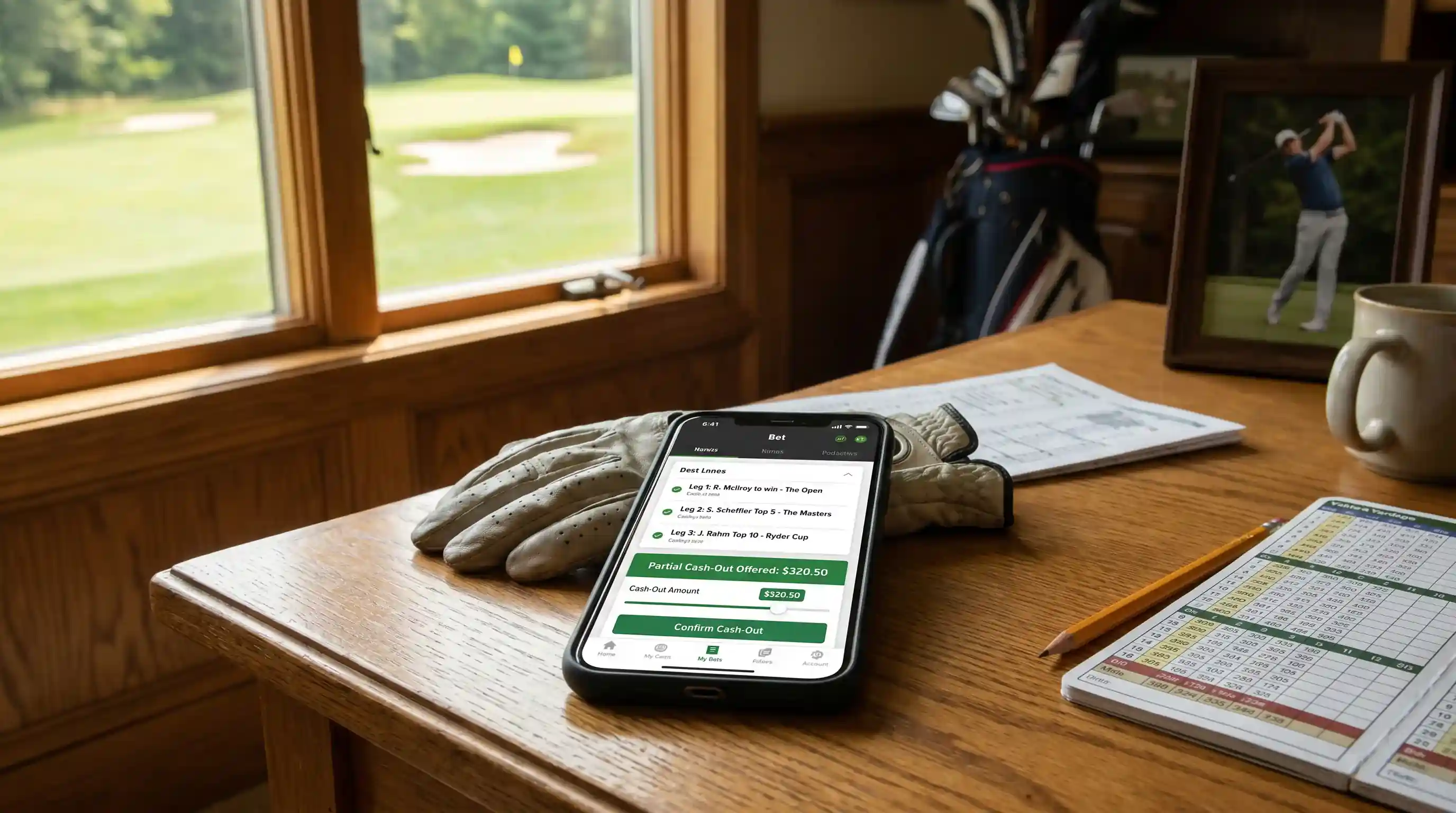 Mobile screen showing a partial cash-out offer on a three-leg golf accumulator