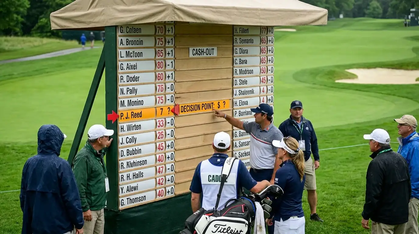 Golf leaderboard on Sunday with a cash-out decision point highlighted mid-round