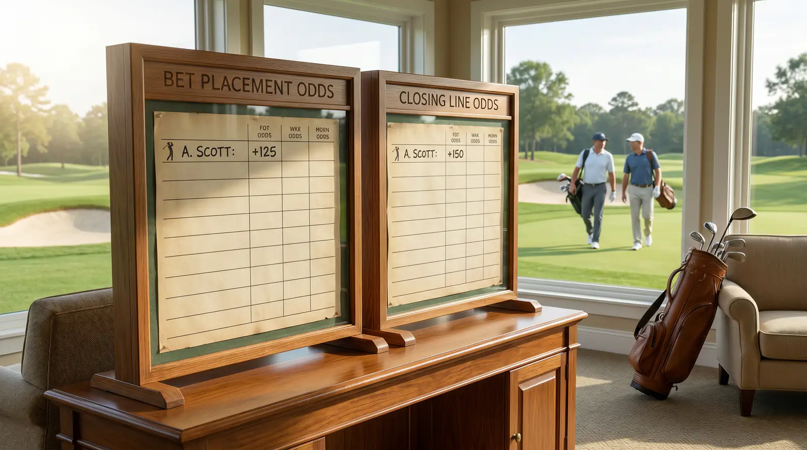 Side-by-side comparison of bet placement odds versus closing line odds for golf wagers