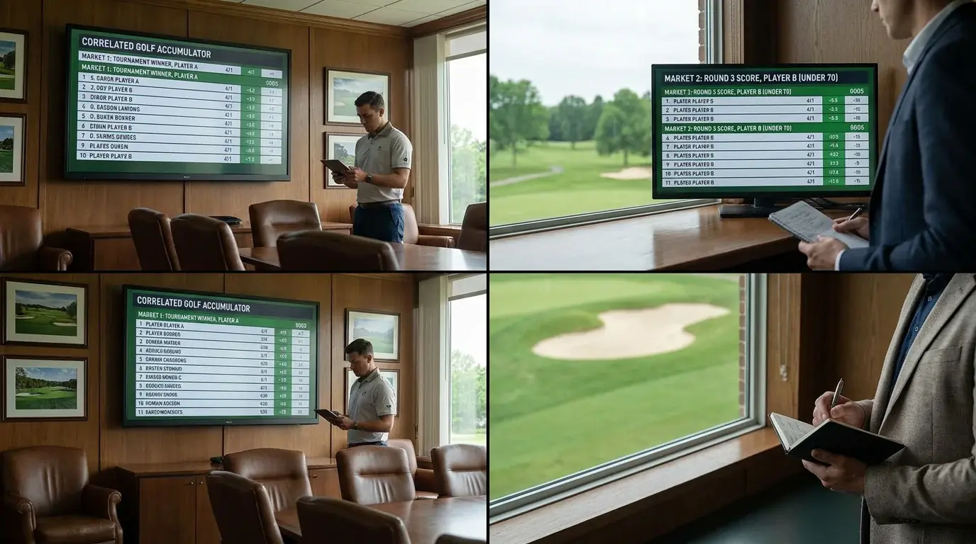 Split screen of two golf markets showing correlated selections for an accumulator