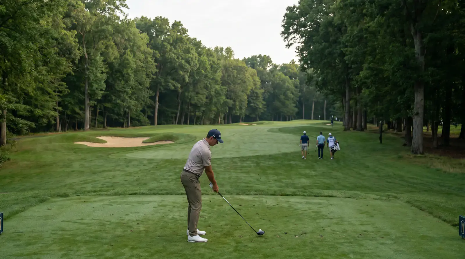 Tight tree-lined fairway demanding driving accuracy at a parkland golf course