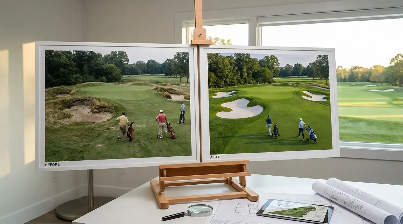 Before and after view of a golf course renovation with redesigned bunkers and greens