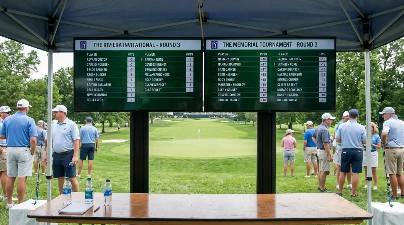 Two PGA Tour leaderboards side by side from concurrent tournaments