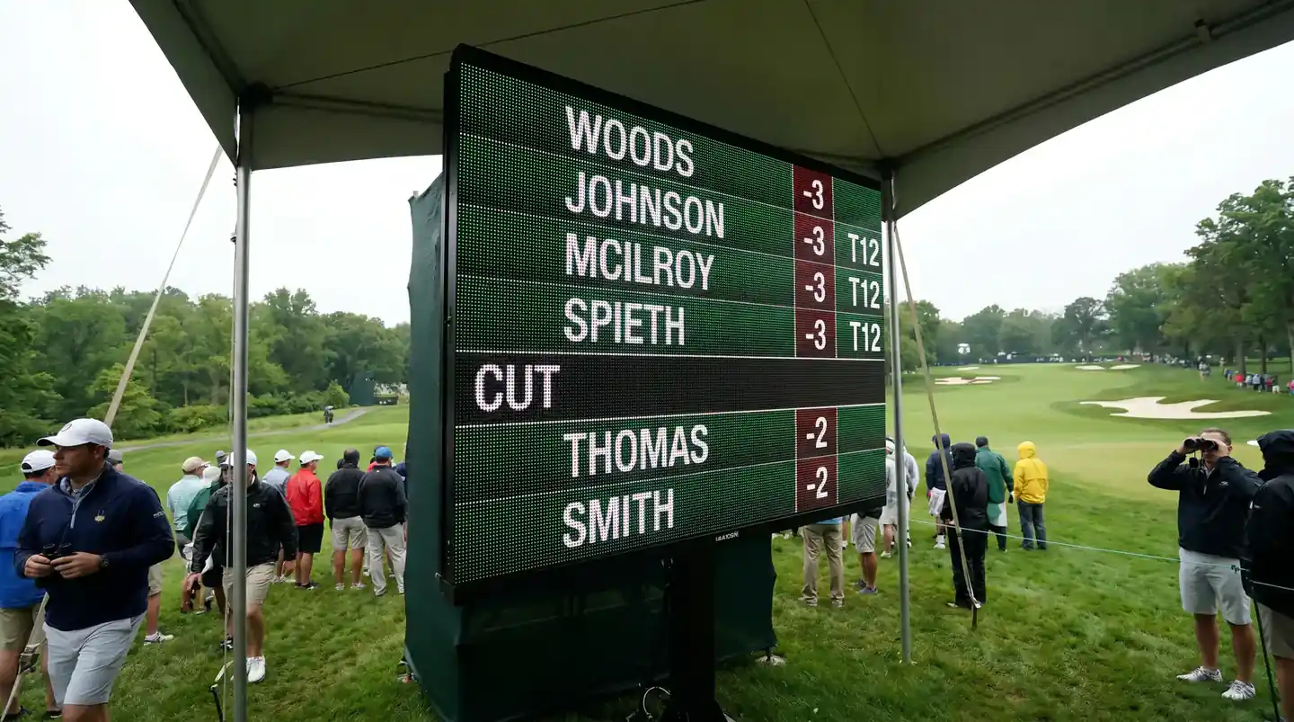 Golf leaderboard showing multiple players tied at the same score around a cutoff position