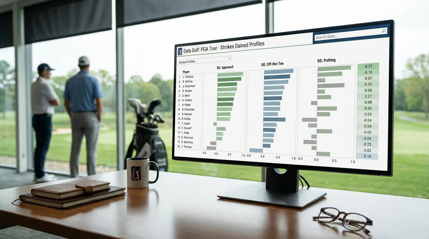 Data Golf analytics dashboard showing strokes gained profiles for multiple players