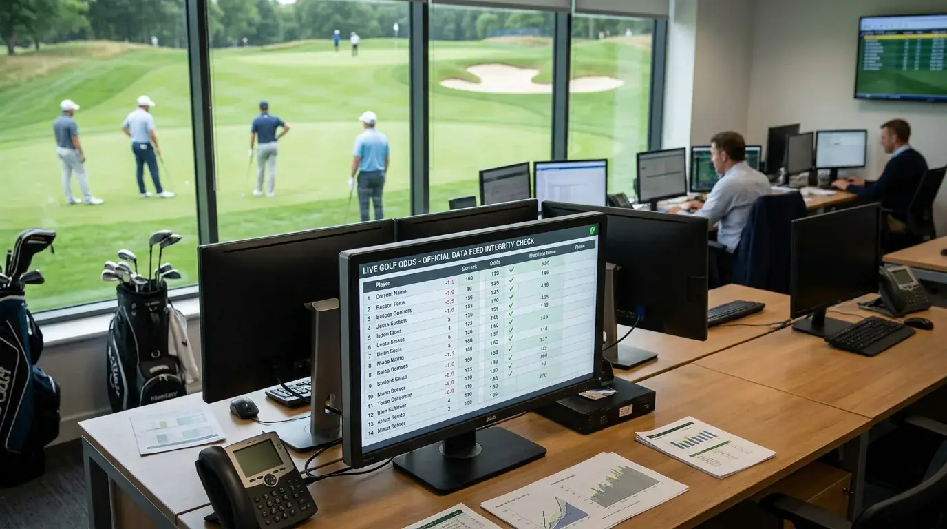 Data feed integrity verification screen showing live golf odds sourced from official data
