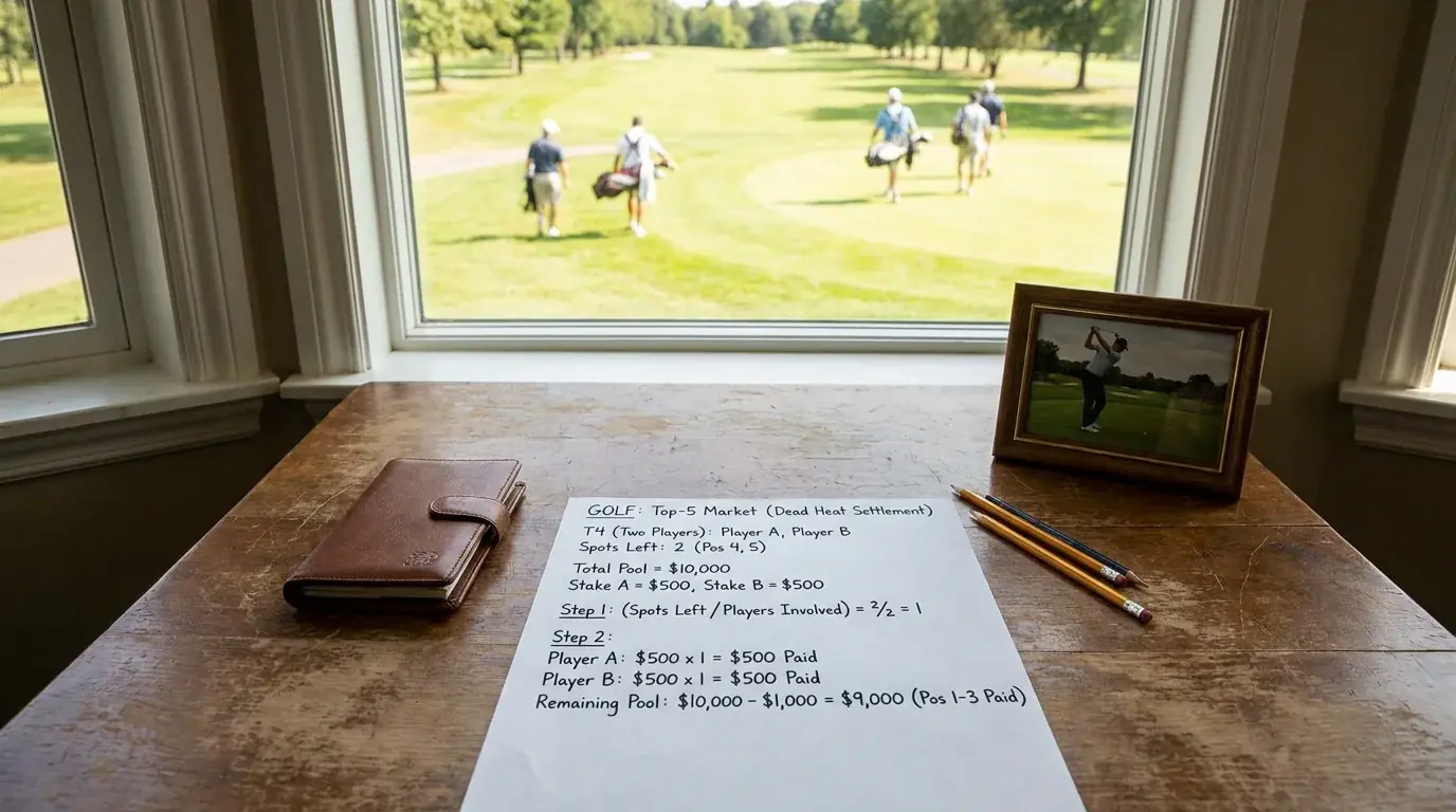 Dead heat settlement calculation written out step by step for a golf top-5 market