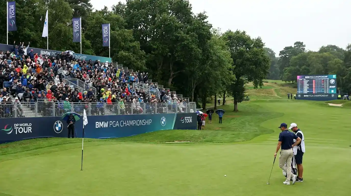 European golf venue hosting a DP World Tour event with UK spectators and branding
