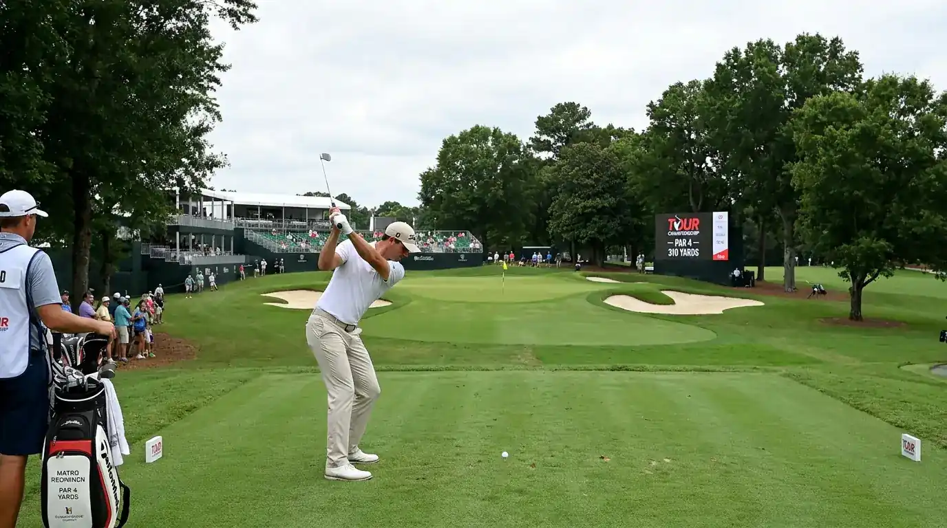 Short par-4 green at a PGA Tour course with a player hitting a tee shot towards the pin