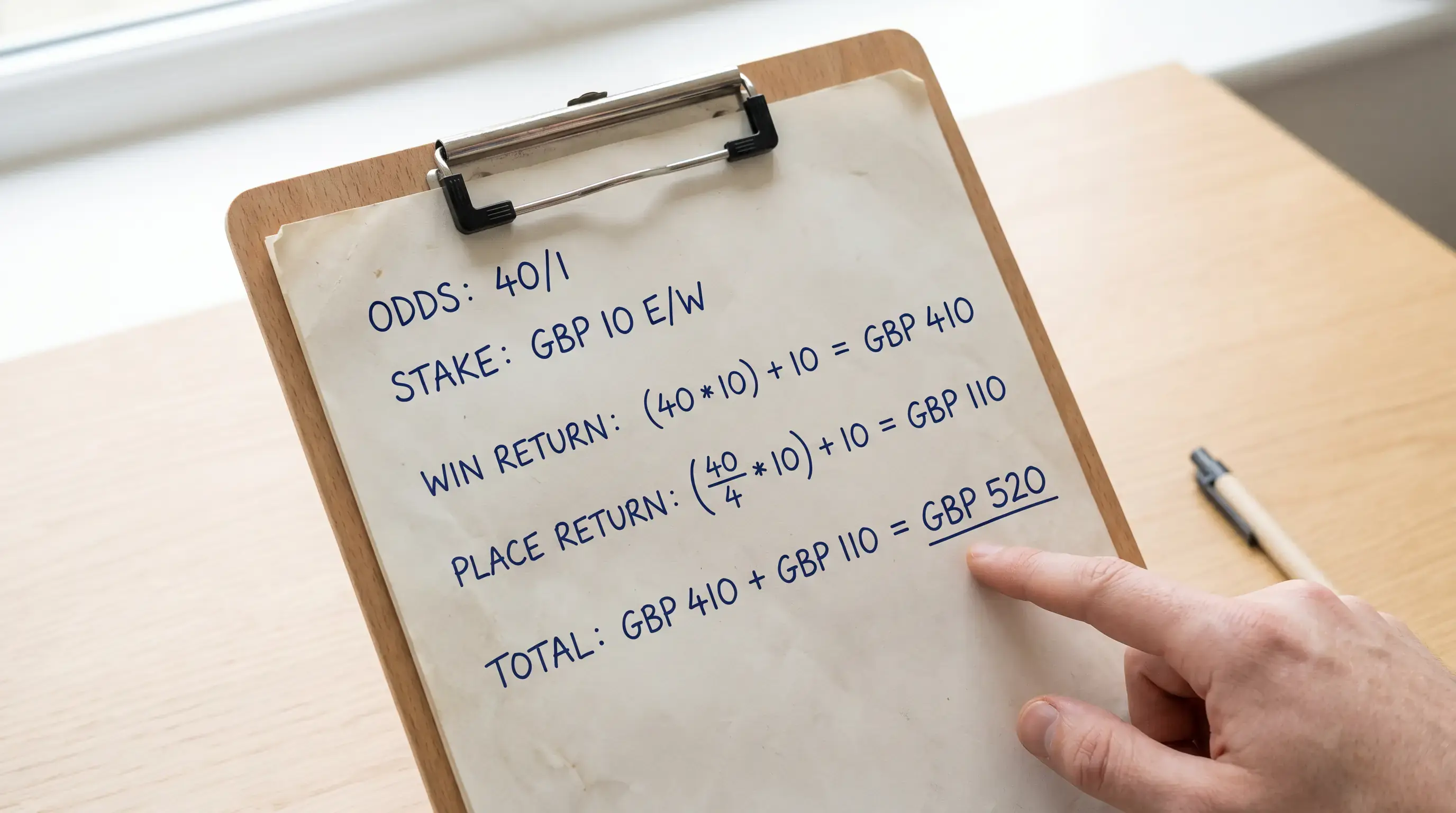 Step-by-step each-way payout calculation written out for a long-odds golf selection