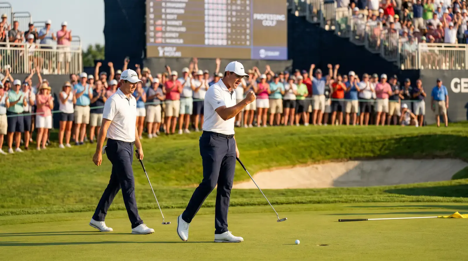 Golfer celebrating an eagle putt that triggers a momentum shift on the live betting market