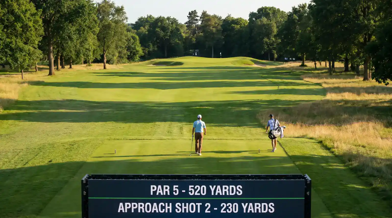 Par-5 hole with an eagle opportunity as a golfer approaches the green in two shots