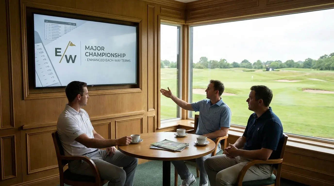 Enhanced each-way terms promotional graphic for a golf major championship event