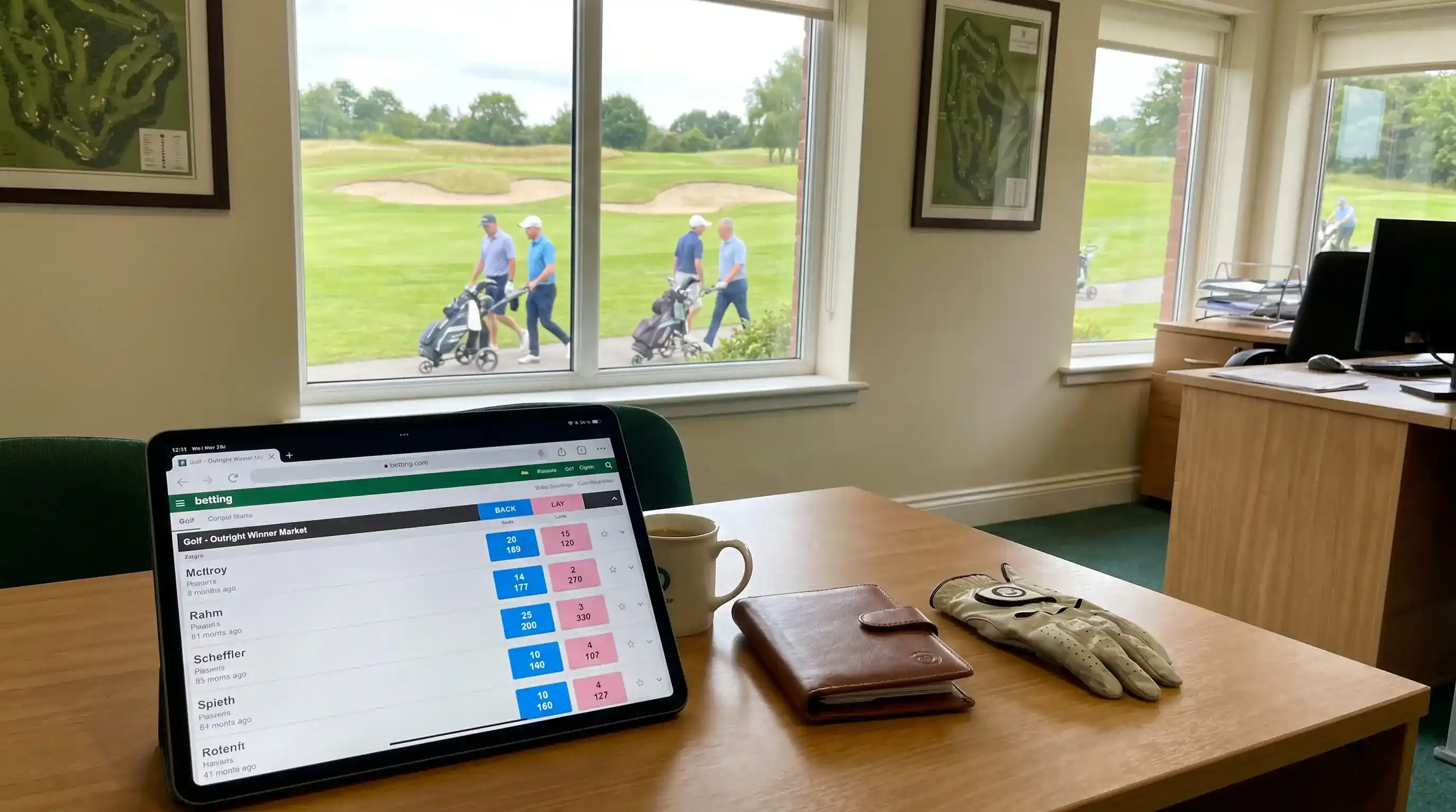 Betting exchange interface showing back and lay columns for golf outright market