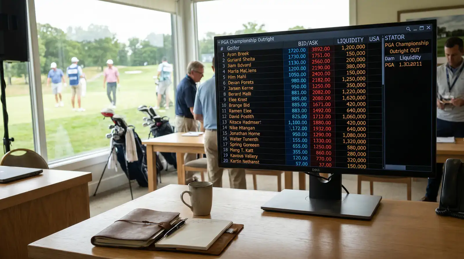 Exchange market depth showing available liquidity on a golf tournament outright