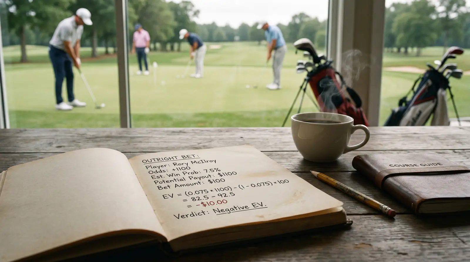 Notebook showing an expected value calculation for a golf outright bet with probabilities