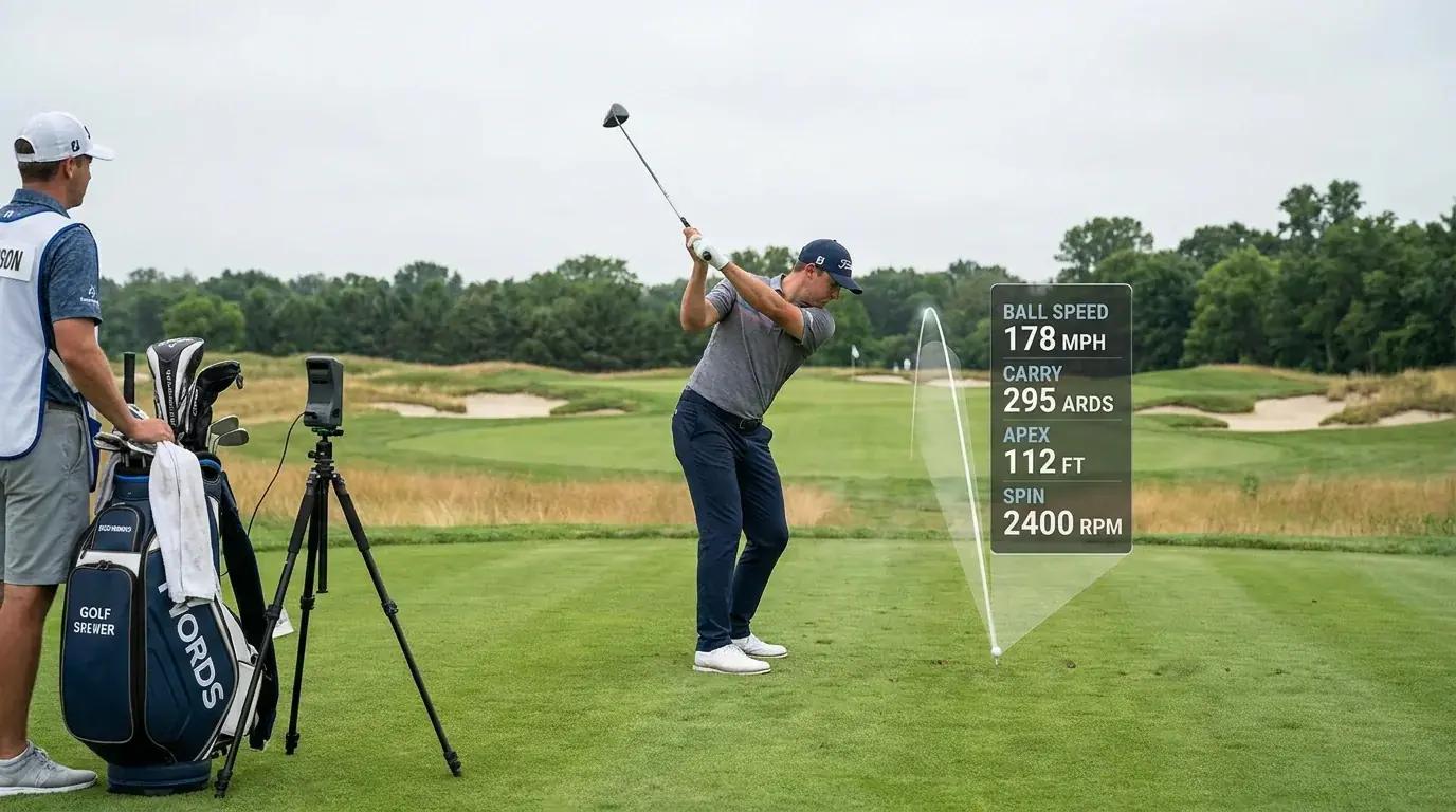 Golfer landing a drive in the fairway with tracking overlay showing shot data