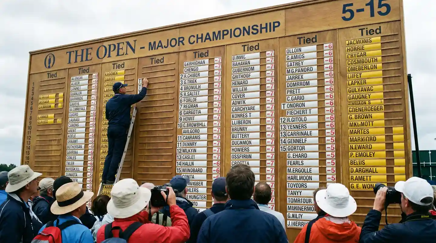 Crowded golf leaderboard showing bunched players that create each-way dead-heat risk