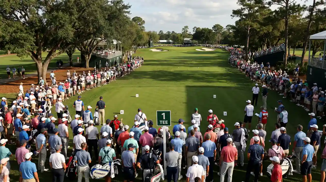 Wide view of a packed first tee at a full-field PGA Tour event with 156 players