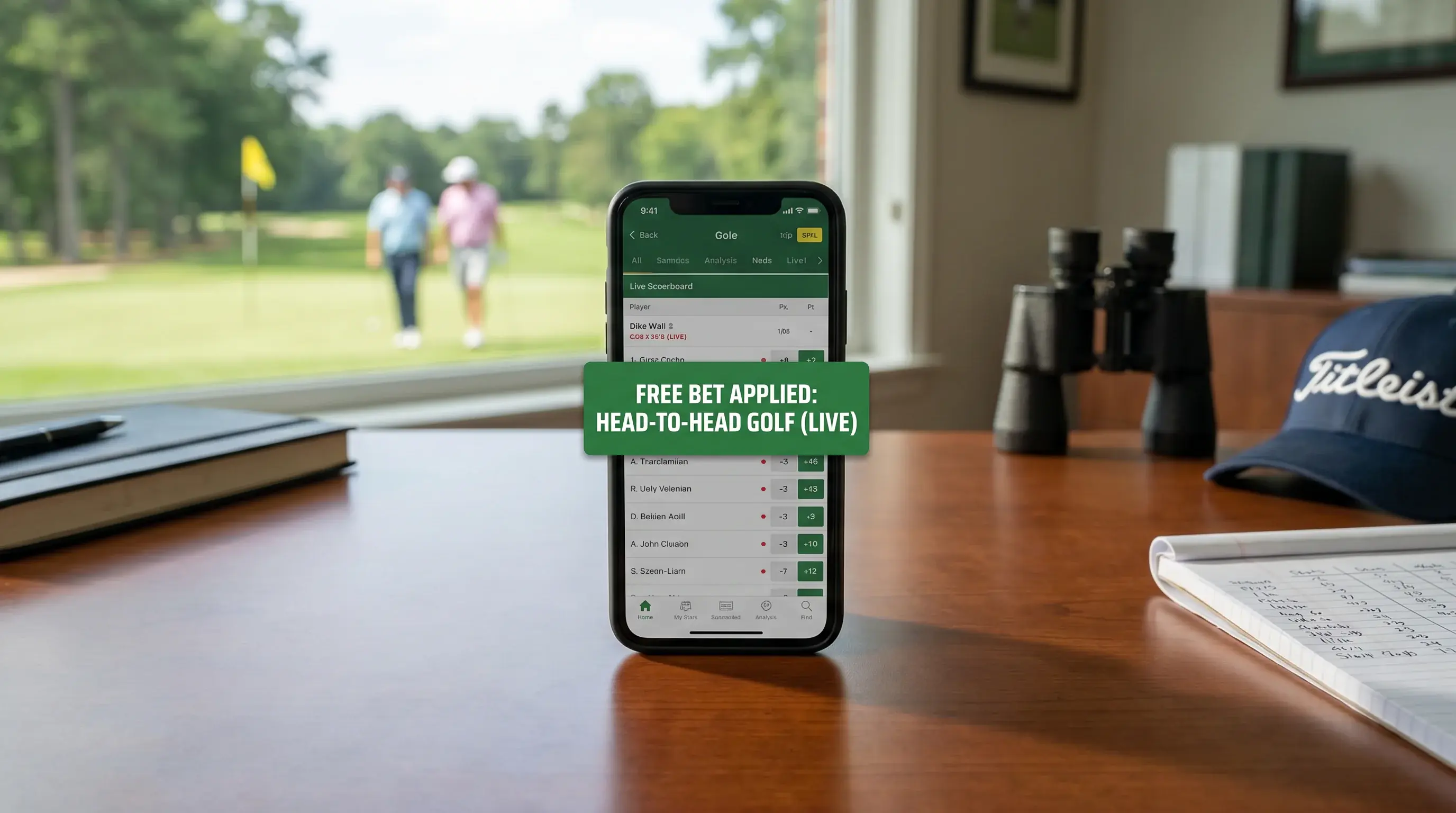 Mobile screen showing a free bet being applied to a live golf head-to-head market