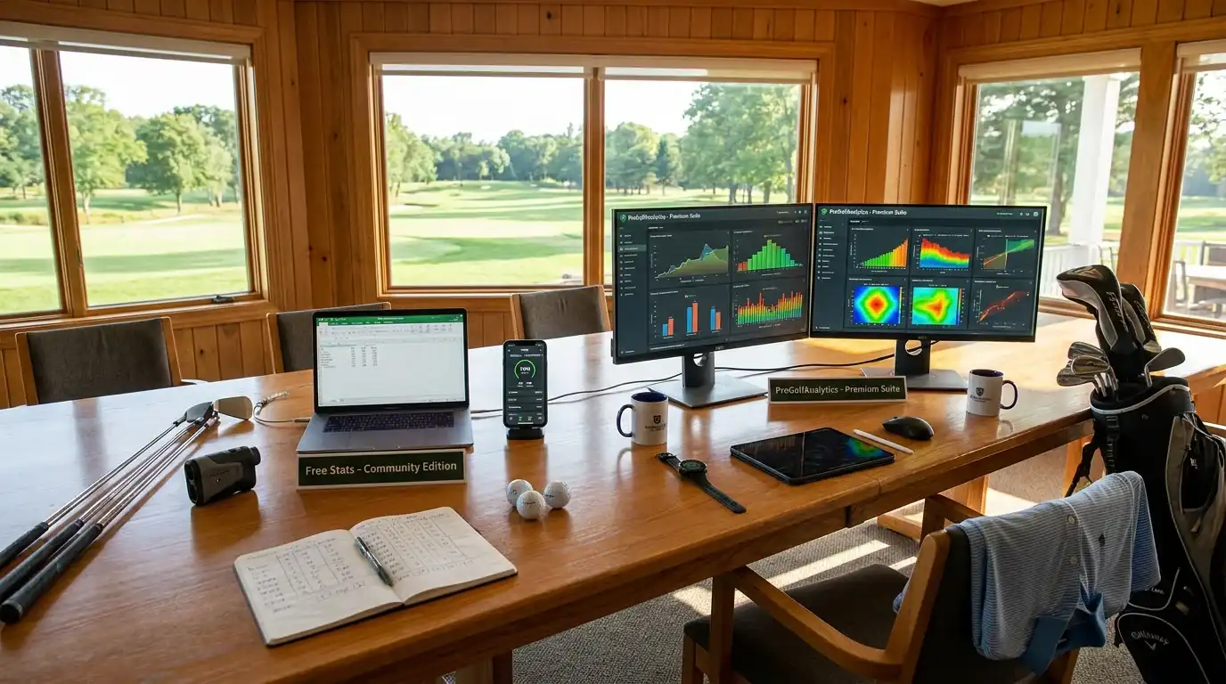 Comparison layout showing free golf data tools alongside paid analytics platforms