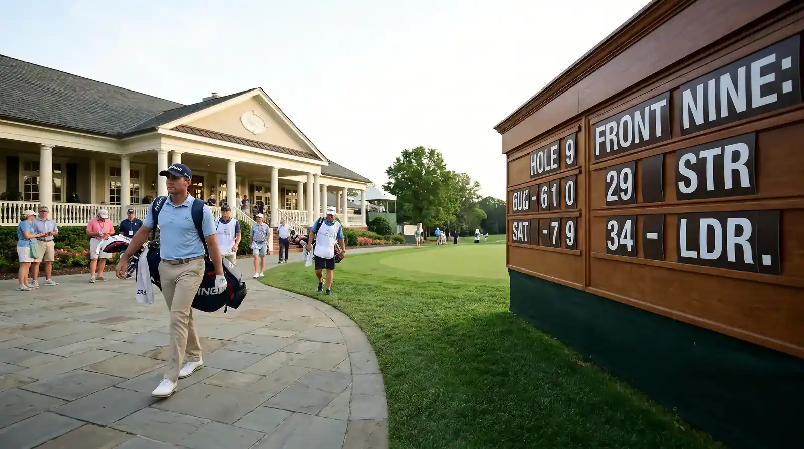 Golfer walking off the 9th green with a strong front-nine score posted on the board