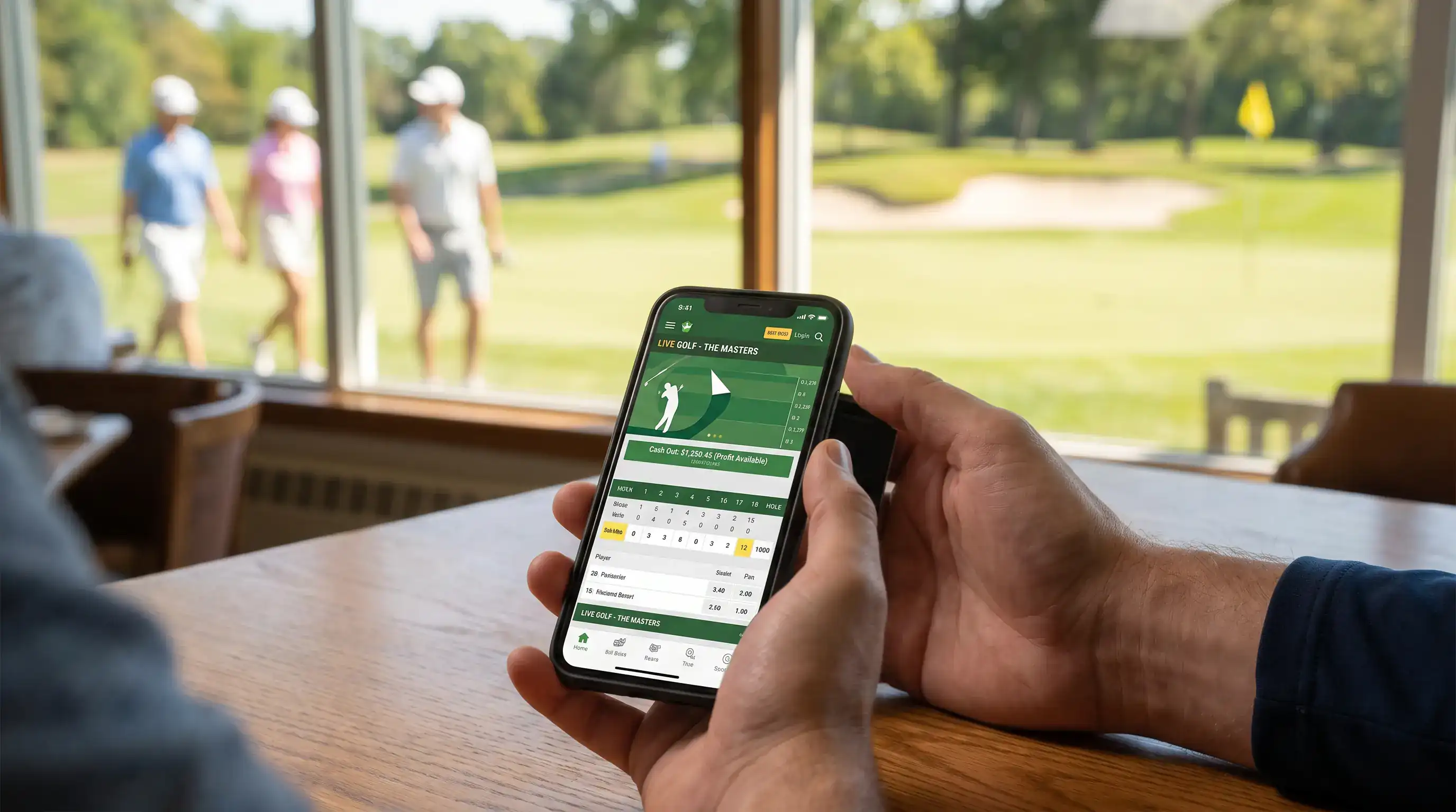 Full cash-out screen on a betting app showing profit available on a live golf bet