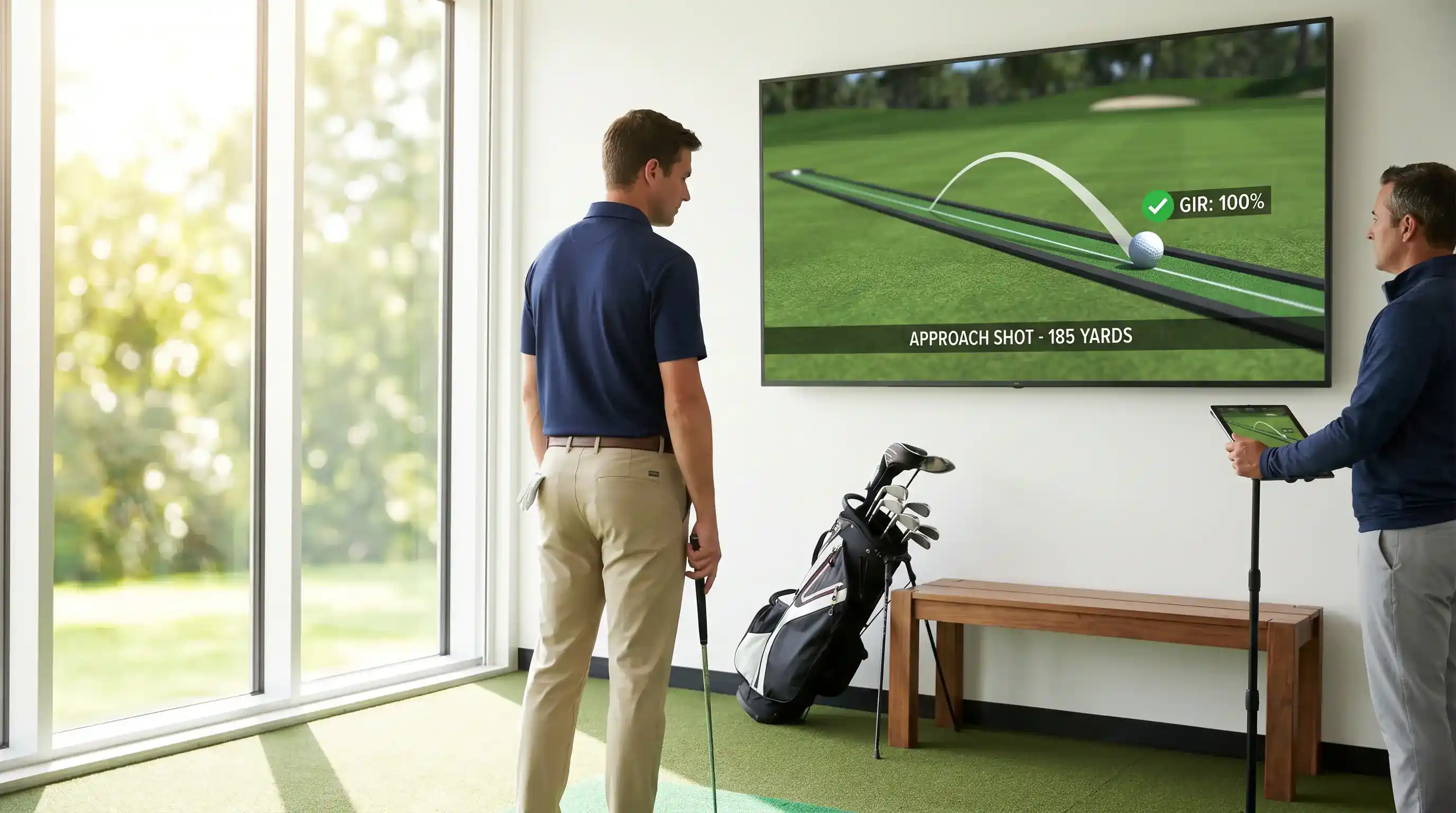 Approach shot landing on the green with green-in-regulation data displayed