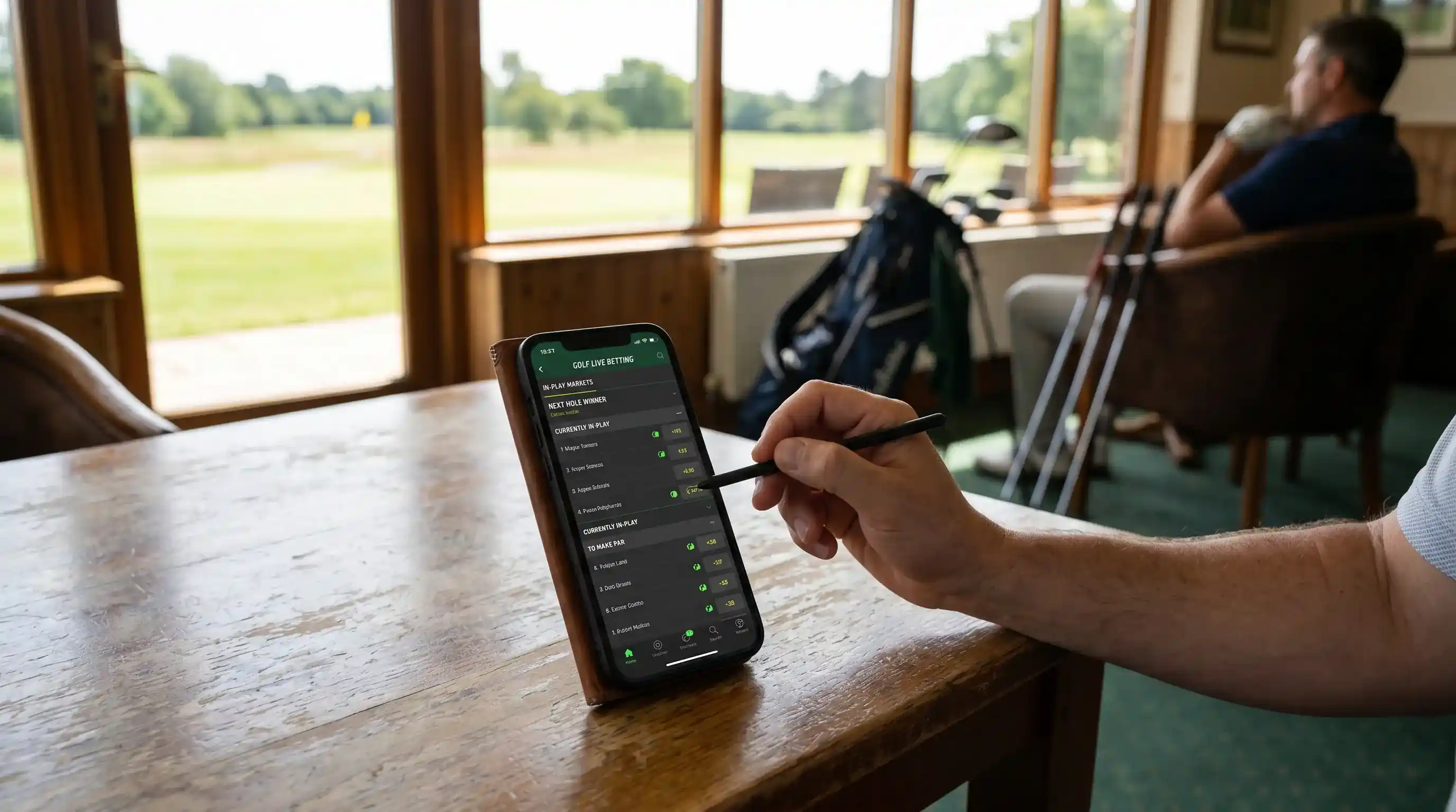 Mobile app navigation showing the golf betting section with in-play markets highlighted