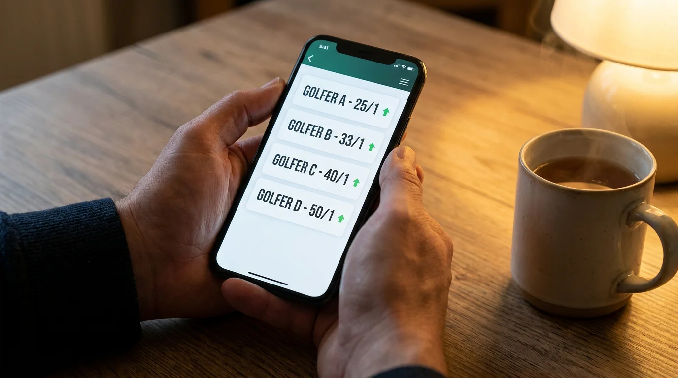 Golf betting odds displayed across fractional and decimal formats on a UK bookmaker screen