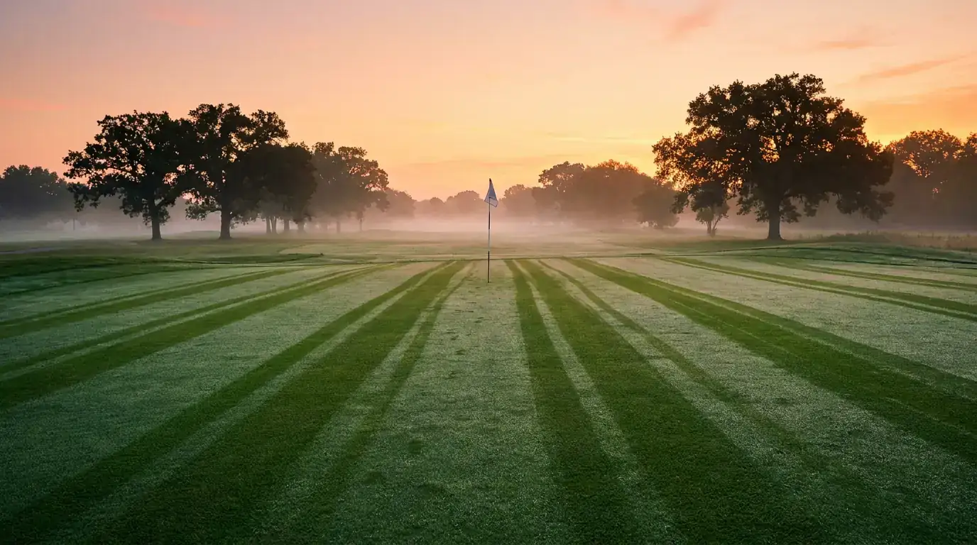 Dawn light across a golf course fairway with dew on the grass and flagstick in the distance