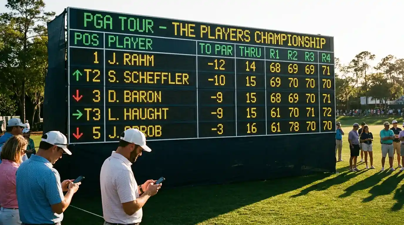Golf tournament scoreboard showing rapid position changes with spectators checking phones