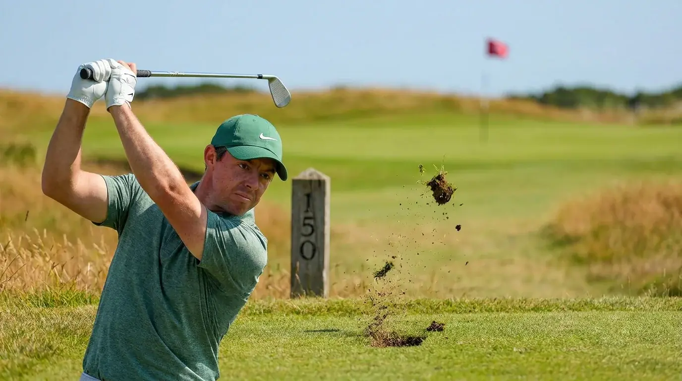 Close-up of a golfer's approach shot with distance markers visible on a fairway