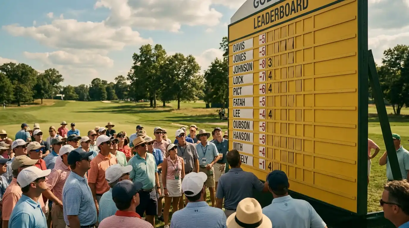 Spectators watching a golf tournament leaderboard at a PGA Tour event with live scoring updates