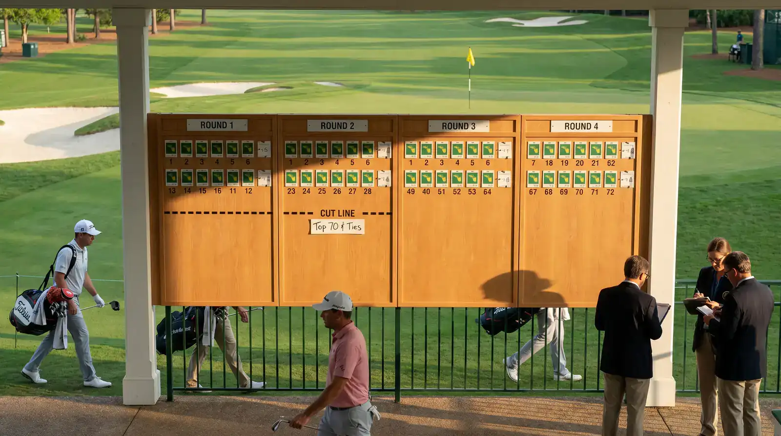 Four-day golf tournament structure showing 72 holes across four rounds with cut line after Round 2