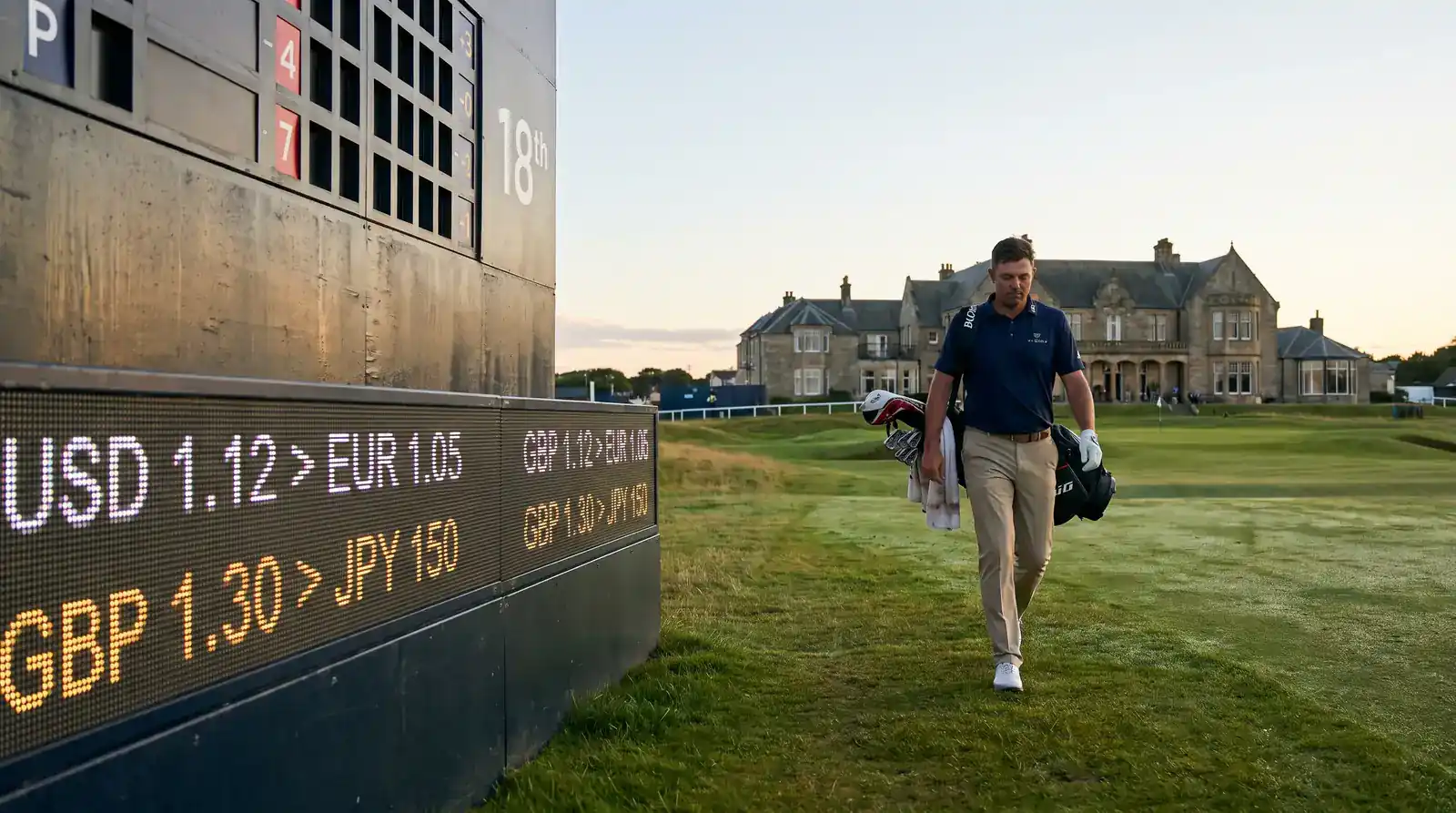 Golfer walking off the 18th green after a round with exchange odds shifting overnight