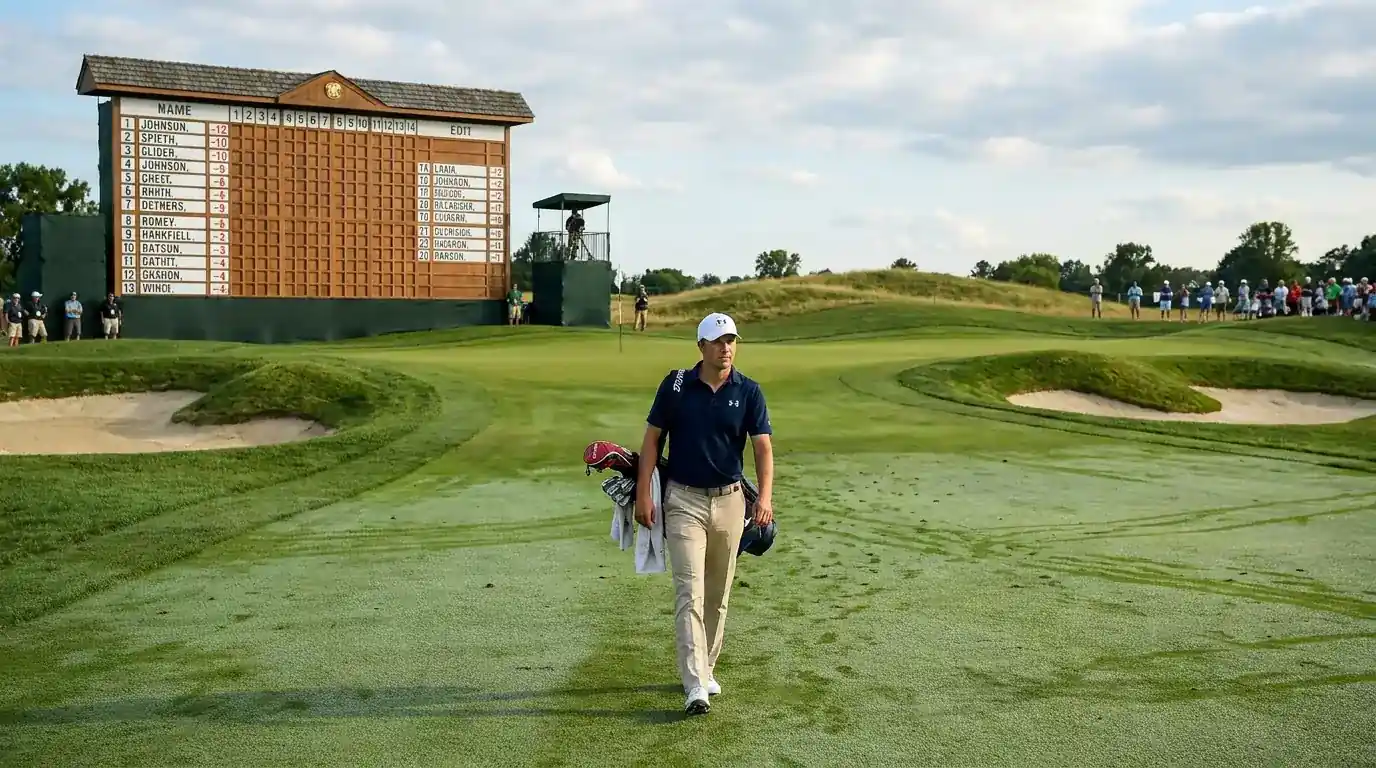 Golfer walking alone on a fairway during a PGA Tour round with the leaderboard visible behind